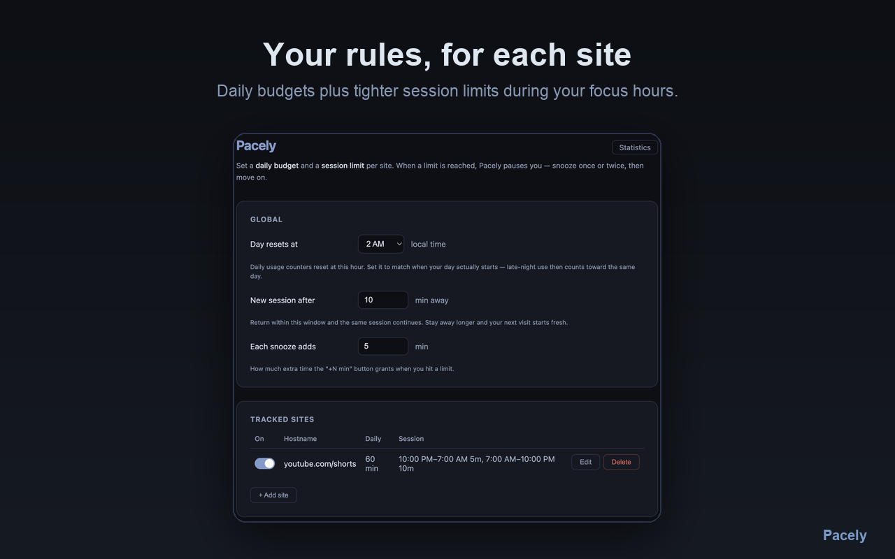 Pacely settings page